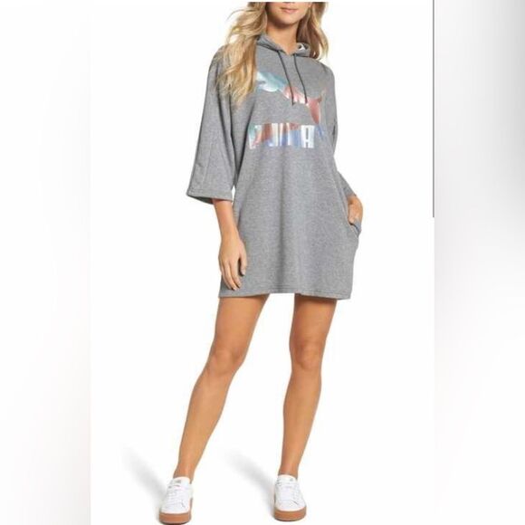 Puma glam oversized gray with metallic print hooded sweatshirt dress size medium - Picture 1 of 6